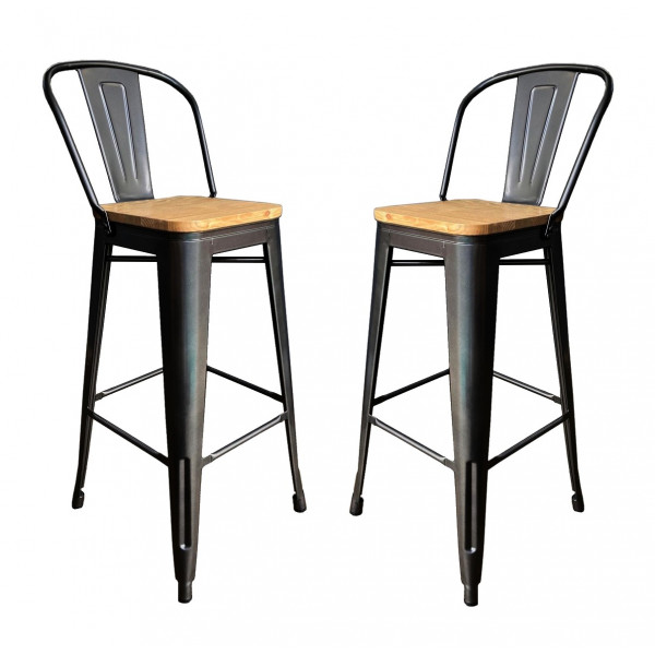 2 Barstühle aus grauem Stahl und hellem Holz